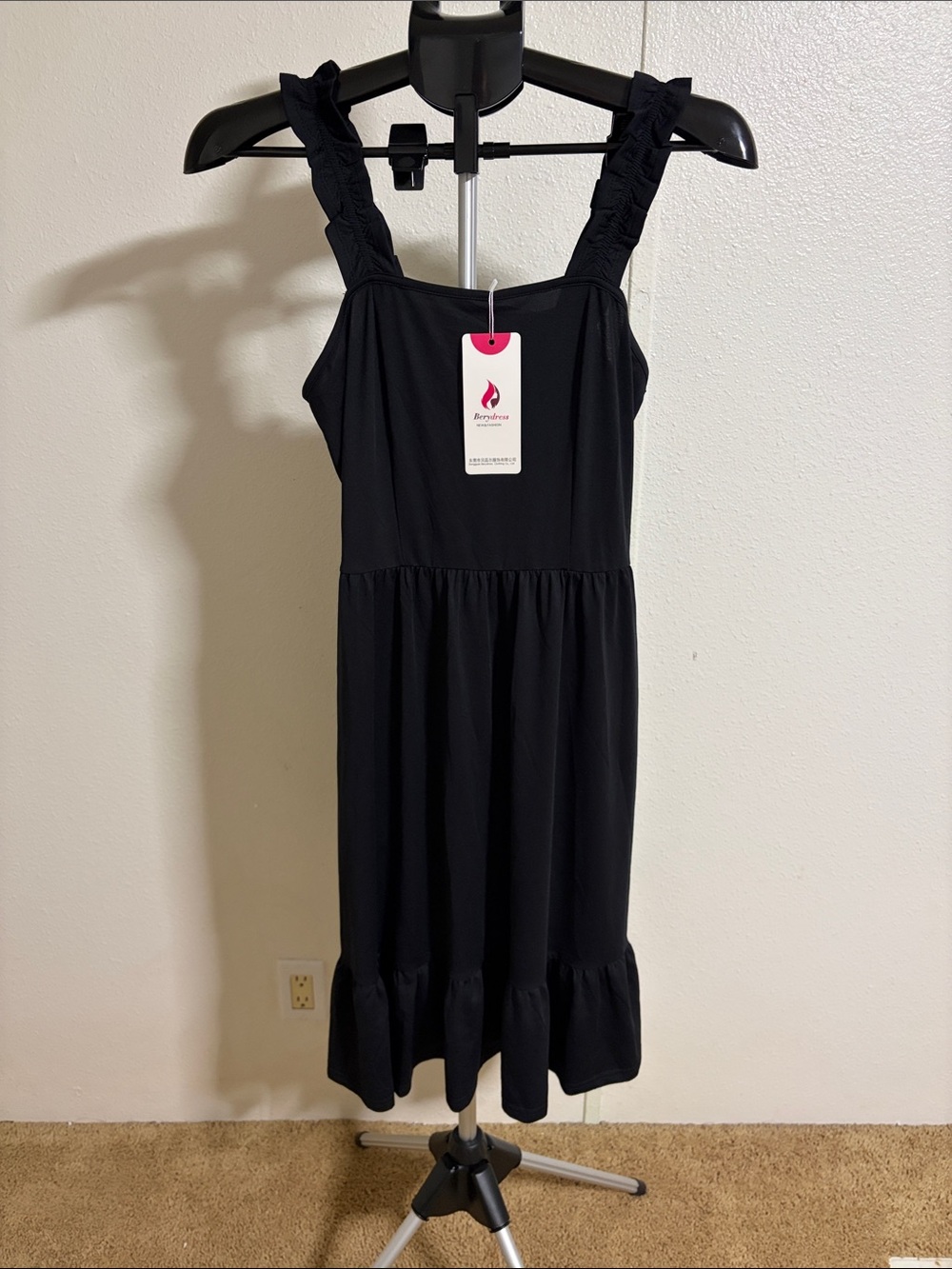 Black Midi Ruffle-Strap Dress